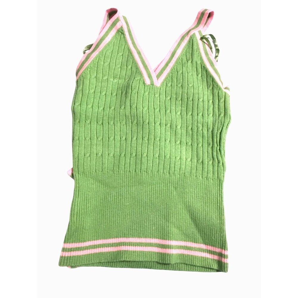 Green Knit Sleeveless V-Neck Sweater Tank Top With Pink Stripes & Tie Back